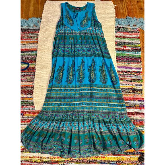 NWOT TURQUOISE SLEEVELESS BLOCK PRINT HIPPIE BOHO MAXI DRESS COTTON GAUZE - Picture 11 of 11